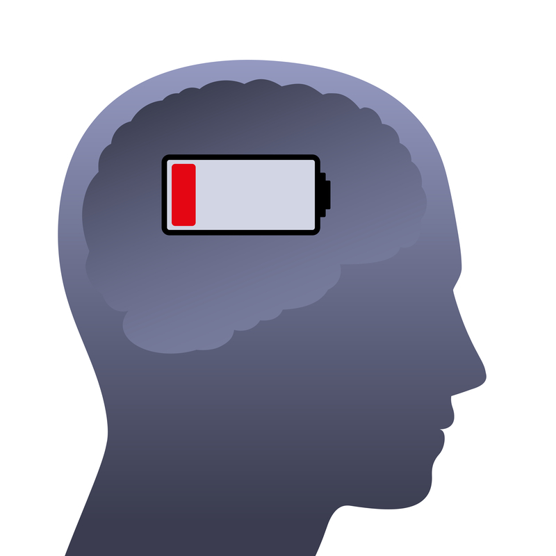 Human brain with weak battery. Empty head with low power, symbolic for stress, depression, burnout, frustration, tiredness, negative mental mood or lack of concentration.